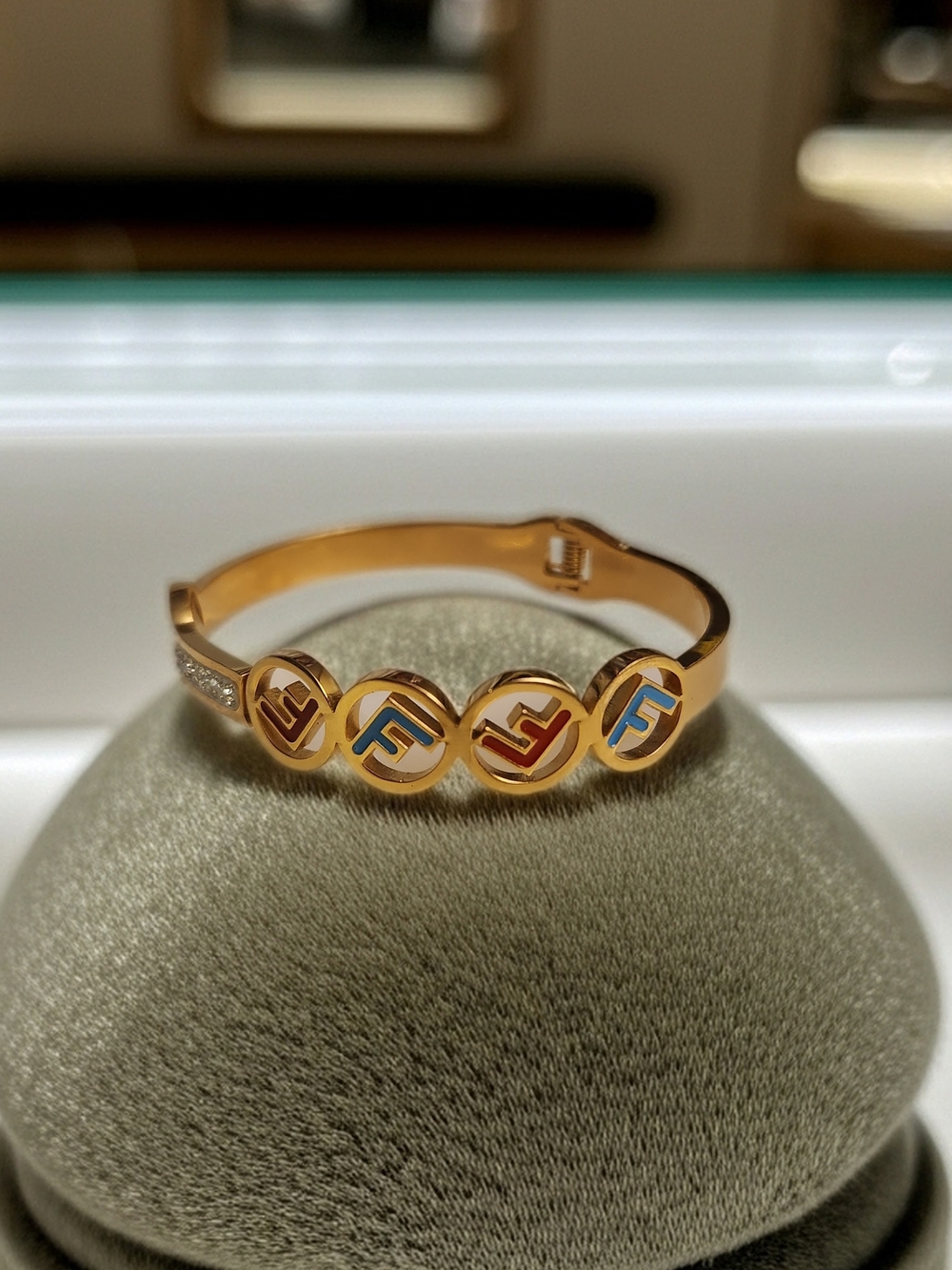 Fendi Gold-Tone Enamel Logo Circle Bangle with Red and Blue Accents - Picture 5 of 5